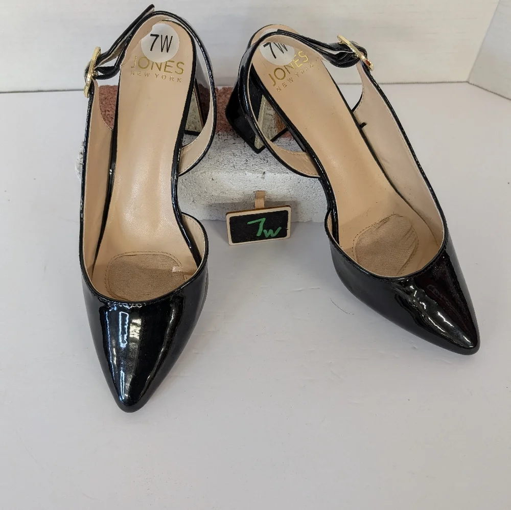 Nine West Black Patent Heels With Comfort Insets Stylish Gold Buckle Size 7W